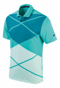 Nike's NK338 polo shirt features a geometric pattern in blue and teal with short sleeves.