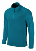 The Nike NK339 is a long-sleeve, teal zip-up athletic pullover featuring a high collar and horizontal stripe pattern.