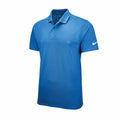 The Nike NK342 is a blue polo shirt with a collar, three buttons, and a white logo on the left sleeve.