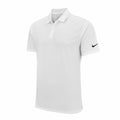 Introducing the Nike NK342 polo shirt, a sleek and simple design in plain white with short sleeves and a collar. This minimalist piece is accented with a small black Nike logo on the left sleeve.