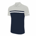 Introducing the Nike NK343 polo shirt, featuring a stylish light gray top and dark navy bottom, accented with a white horizontal stripe across the chest. The design is completed with a subtle small white logo on the sleeve.