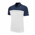 Introducing the NK343, a Nike polo shirt featuring two horizontal stripes across the chest in navy and white, adorned with the iconic Nike logo on the sleeve.