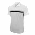 A Nike NK343 polo shirt featuring a white short-sleeve design with a black horizontal stripe across the chest and adorned with a small black swoosh logo on the left sleeve.