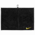 Introducing the NK348 by Nike: a sleek black towel adorned with a yellow Nike logo in one corner, complete with a convenient clip at the top center for easy hanging.