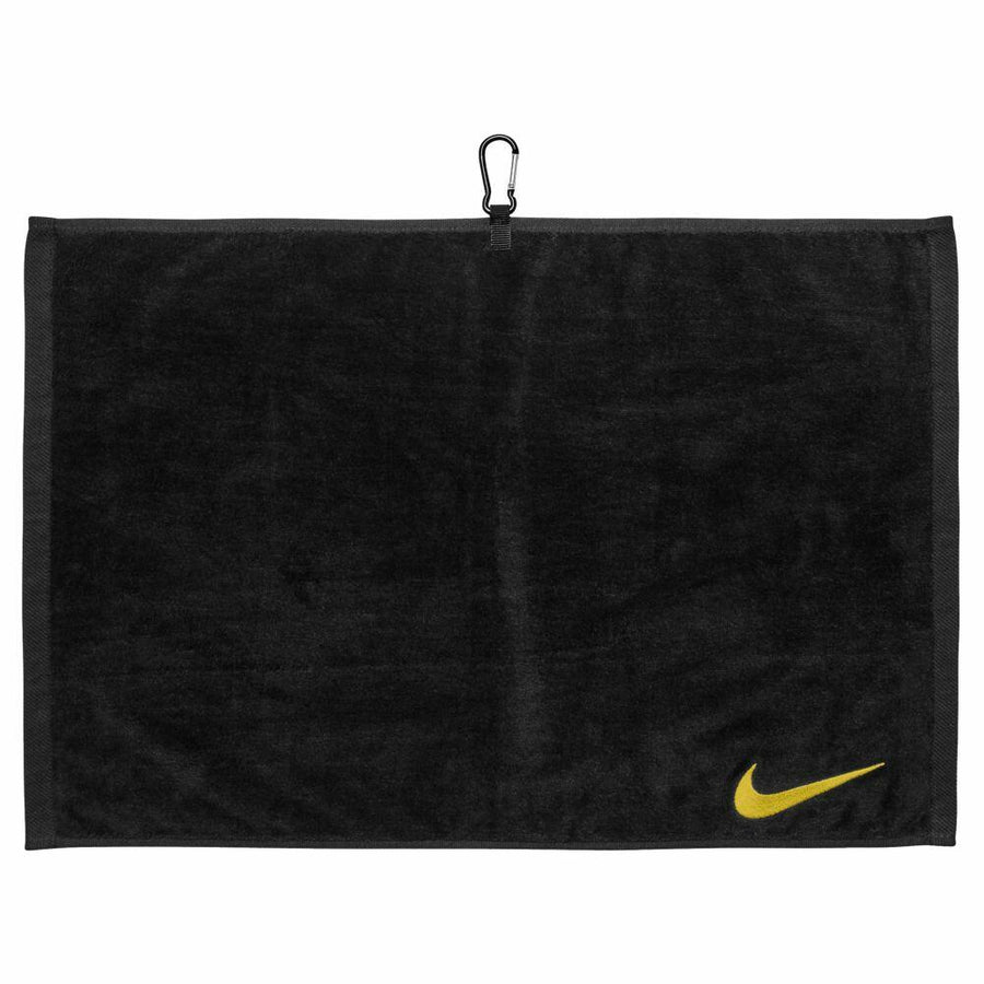 Introducing the NK348 by Nike: a sleek black towel adorned with a yellow Nike logo in one corner, complete with a convenient clip at the top center for easy hanging.