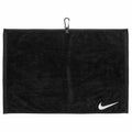 The Nike NK348 towel is black and features a small white swoosh logo in the bottom right corner, along with a hook at the top.