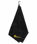 Black NK348 with a yellow Nike logo at one corner, hanging from a metal hook.