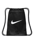 A product labeled NK352 from Nike, this black drawstring bag includes a front zipper pocket and is adorned with a white Nike swoosh logo.