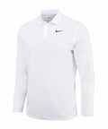 The NK354 by Nike is a white long-sleeve polo shirt featuring a collar and button placket. It sports a small black Nike logo on the left chest, offering a clean and simple design.