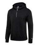 Nike's NK357 black hooded sweatshirt features a quarter-zip front and long sleeves, displayed against a white background.
