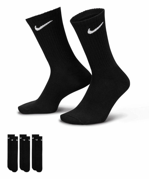A pair of black Nike NK359 crew socks with white swoosh logos. A set of three pairs is displayed underneath the main image.