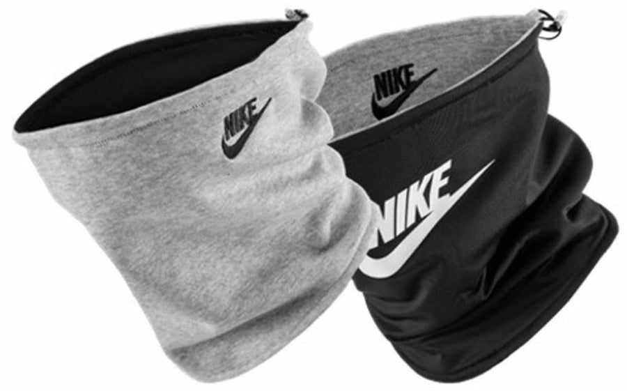 Two NK365 neck gaiters from Nike, available in gray and black, each featuring the iconic Nike logo, are showcased against a white background.