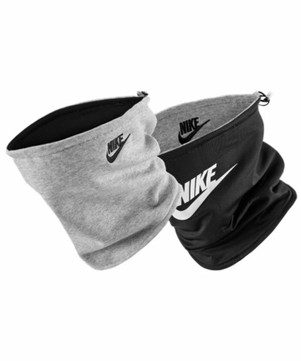 Two neck gaiters, one gray and one black, each with a small Nike logo, displayed side by side. (Product: NK365 by Nike)