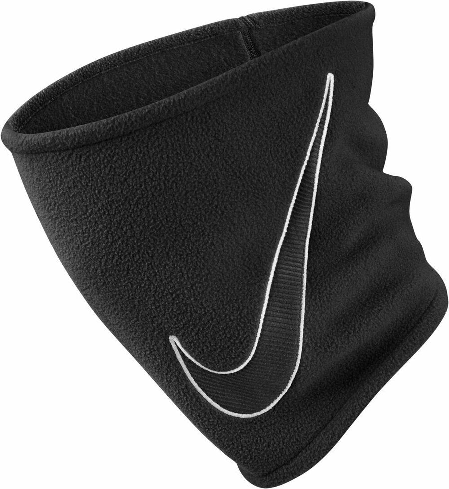 Nike NK366 black fleece neck warmer featuring a prominent white swoosh logo on the side.