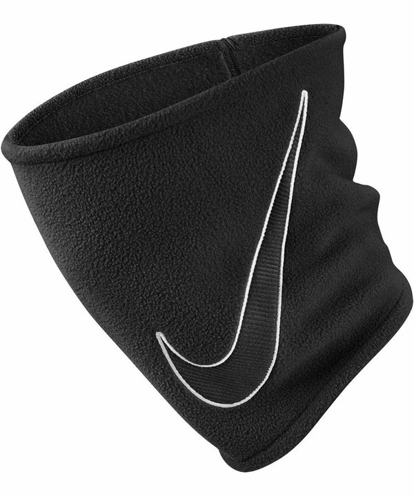 A black fleece neck warmer with a white Nike swoosh logo on it, called the Nike NK366.