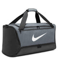 A gray and black NK371 duffel bag from Nike, featuring a white logo, dual handles, and zippered compartments.