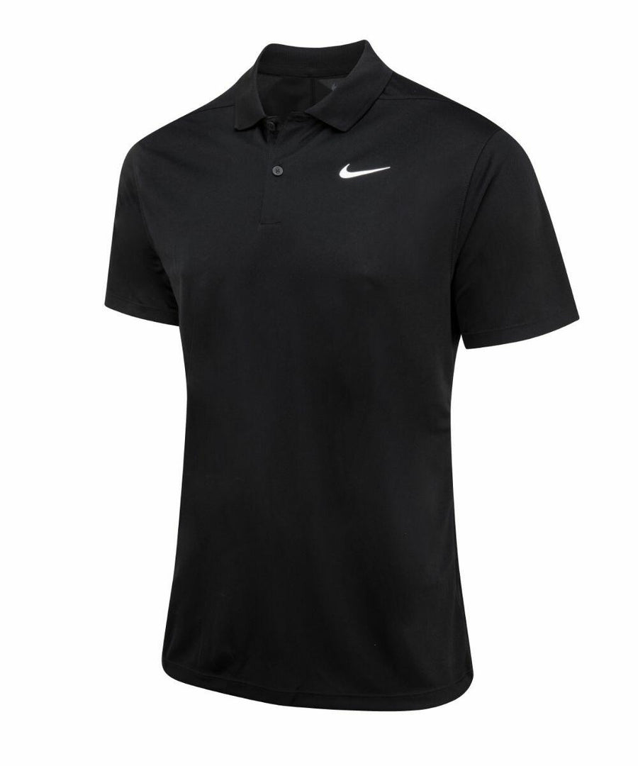 Nike NK372 black polo shirt with a collared design and short sleeves, showcasing a white logo on the chest.