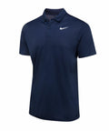 Nike's NK372 is a navy blue polo shirt with short sleeves, highlighted by a white swoosh logo on the upper left side.