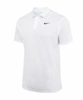 The NK372 by Nike is a white polo shirt with short sleeves and a collar, showcasing a small black logo on the left chest. It is displayed against a plain white background.