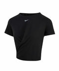 Nike's NK374 black short-sleeve athletic shirt features a subtle diagonal design and is adorned with a small white swoosh logo on the front.