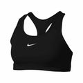 Nike's NK379 sports bra in black features a racerback design and showcases a white logo on the front.