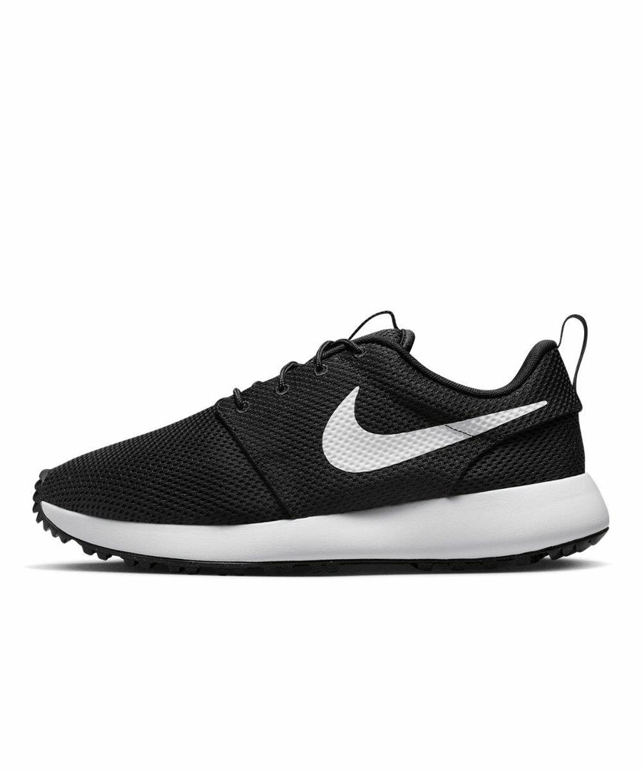 The NK382 from Nike is a sneaker featuring a black design with a white swoosh logo on the side and a white sole.