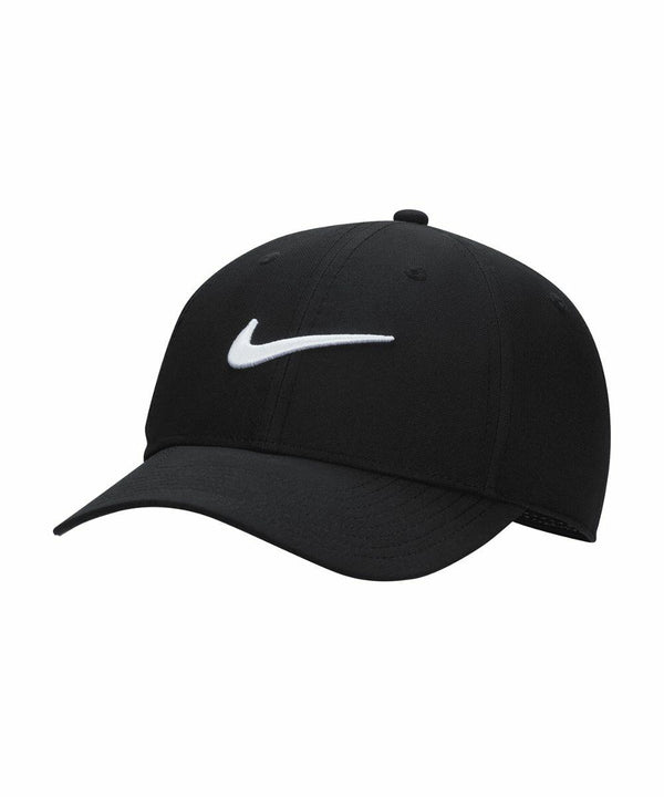 A black baseball cap with a curved brim, featuring a white Nike swoosh logo on the front, product name NK385 by Nike.