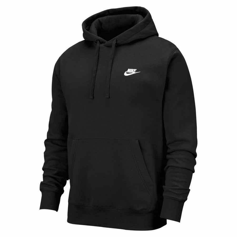 Nike NK387 hoodie in black featuring a front pocket and a white logo on the chest.