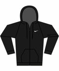 Nike NK389 hoodie in black featuring a front zipper, white chest swoosh logo, a front pocket, and an additional zippered pocket on the left sleeve.