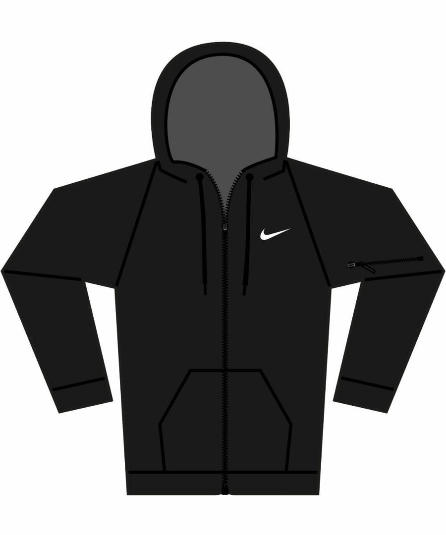 Nike NK389 hoodie in black featuring a front zipper, white chest swoosh logo, a front pocket, and an additional zippered pocket on the left sleeve.