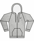 Illustration of the Nike NK389, a gray zip-up hoodie featuring a small swoosh logo on the chest and a zippered pocket on the left arm.