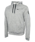 Nike's NK391 sweatshirt in gray comes with black drawstrings, a small black swoosh logo on the chest, and a zippered pocket on the sleeve.