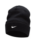 Nike's NK392 black knit beanie features their iconic white swoosh logo prominently displayed on the folded brim, all set against a simple white background.