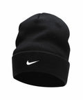 Black beanie with a white Nike swoosh logo on the front, NK392 by Nike.