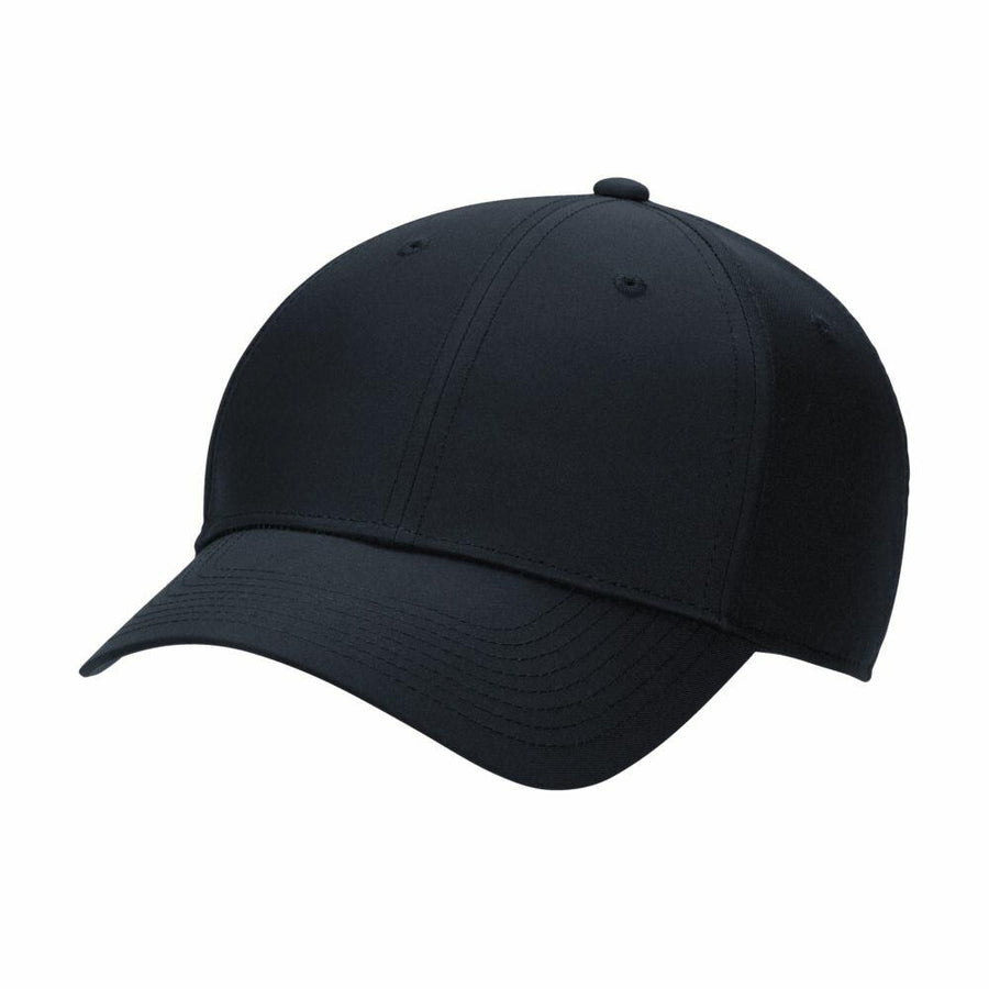 The NK393 by Nike is a plain black baseball cap featuring a curved brim and a button on top.