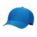 Introducing the NK393 by Nike: a vibrant blue baseball cap featuring a curved brim, button top, and visible stitching accentuating its panels and seams. This cap boasts a symmetrical, structured design for a sleek look.