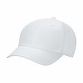 The Nike NK393 is a plain white baseball cap that features a curved brim, six panels, and a button on top.