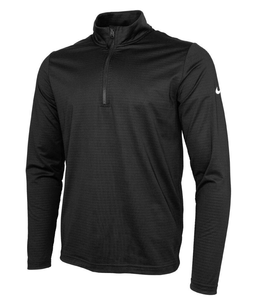 Nike's NK395 is a black long-sleeve pullover featuring a quarter-zip front and a small logo on the left sleeve.