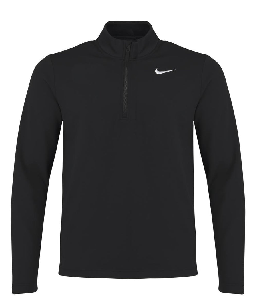 The Sports Overtops is a black Nike long-sleeve pullover with a quarter-zip front and a white Nike swoosh on the left chest, shown against a plain white background.