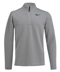 The Sports Overlayer is a light grey Nike long-sleeve pullover featuring a quarter-zip front, stand collar, subtle textured pattern, and a black swoosh logo on the left chest.