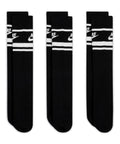 Three pairs of black socks with white stripes and the Nike logo near the top, displayed upright against a white background. Product: Socks.