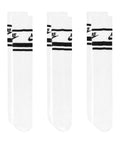 Three pairs of white socks are displayed upright and side by side on a white background, each with two black stripes and the Nike logo near the top.
