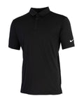 Polos: A plain black short-sleeve polo with a collar, three-button placket, and a white Nike swoosh logo on the left sleeve.