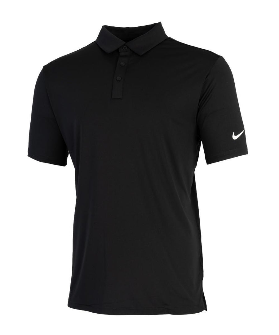 Polos: A plain black short-sleeve polo with a collar, three-button placket, and a white Nike swoosh logo on the left sleeve.