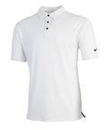 A white short-sleeve polo shirt featuring a collar, three black buttons at the neck, and a small black Nike logo on the left sleeve.