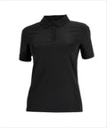 The Polos is a plain black short-sleeve polo shirt featuring a collar and five-button placket, shown against a white background.