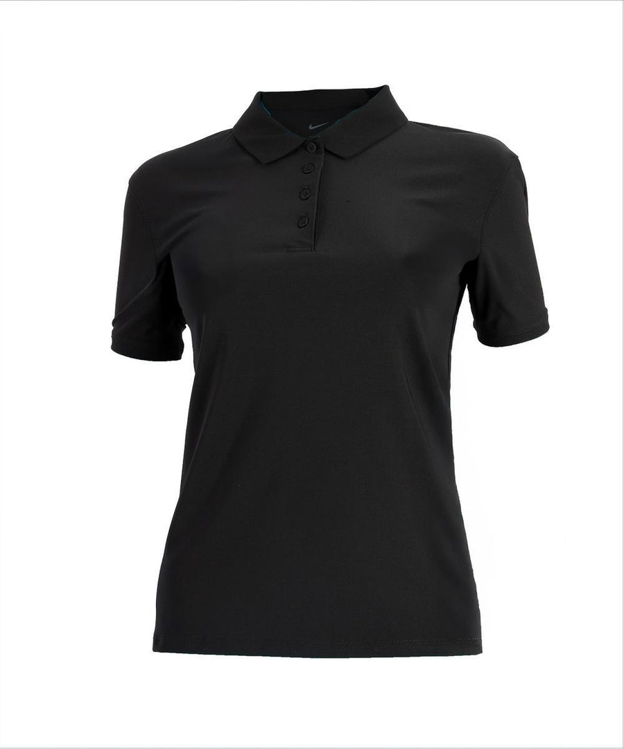 The Polos is a plain black short-sleeve polo shirt featuring a collar and five-button placket, shown against a white background.