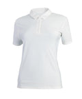 A plain white polo shirt with short sleeves, a collar, and buttons is shown against a featureless white background.