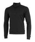 The Sports Overtops is a black, long-sleeve, quarter-zip jumper with a high collar and fitted style. It features ribbed cuffs and hem, plus the Nike logo on the left sleeve near the wrist.