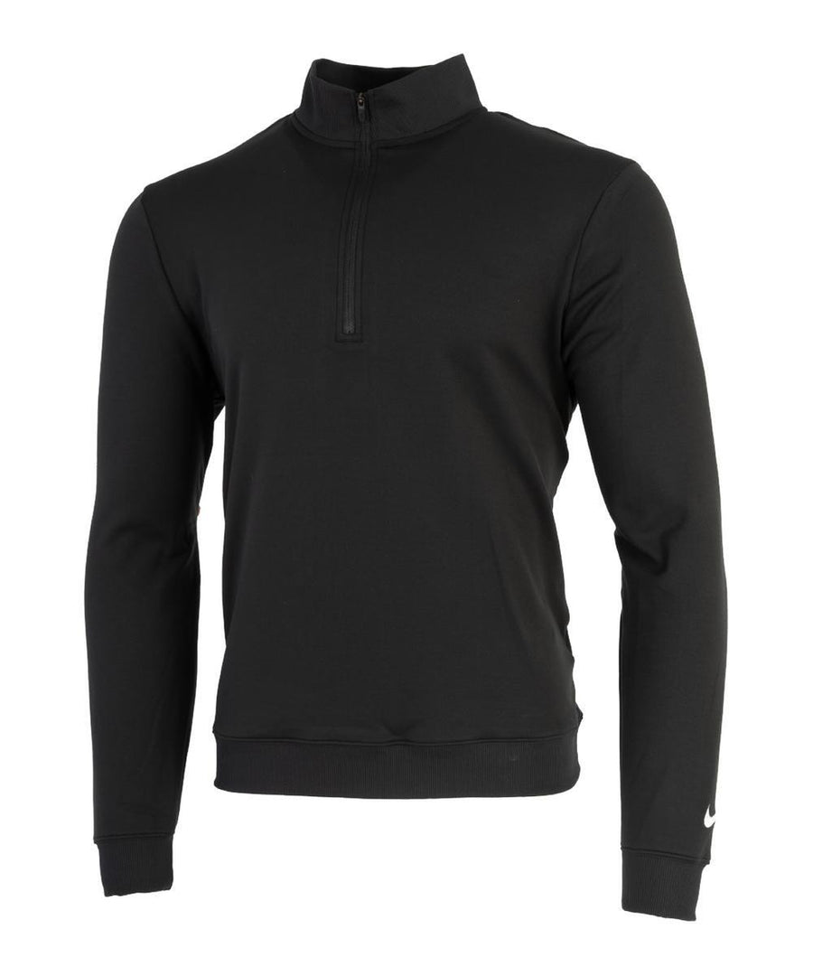 The Sports Overtops is a black, long-sleeve, quarter-zip jumper with a high collar and fitted style. It features ribbed cuffs and hem, plus the Nike logo on the left sleeve near the wrist.